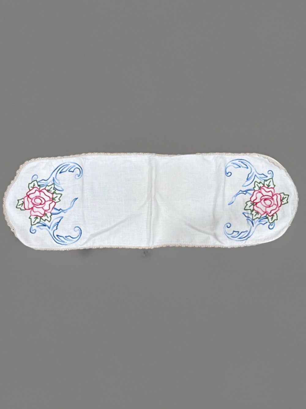 Vintage Hand Embroidered Table Runner 44x14 Floral Linen Cottagecore Lace